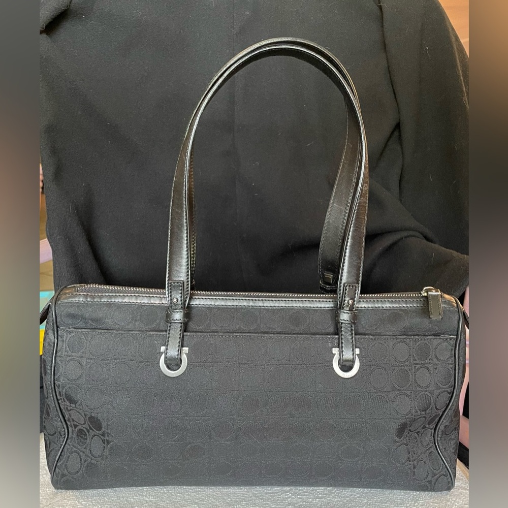 Salvatore Ferragamo Authentic Black Jacquard Fabric Baguette Shoulder Bag